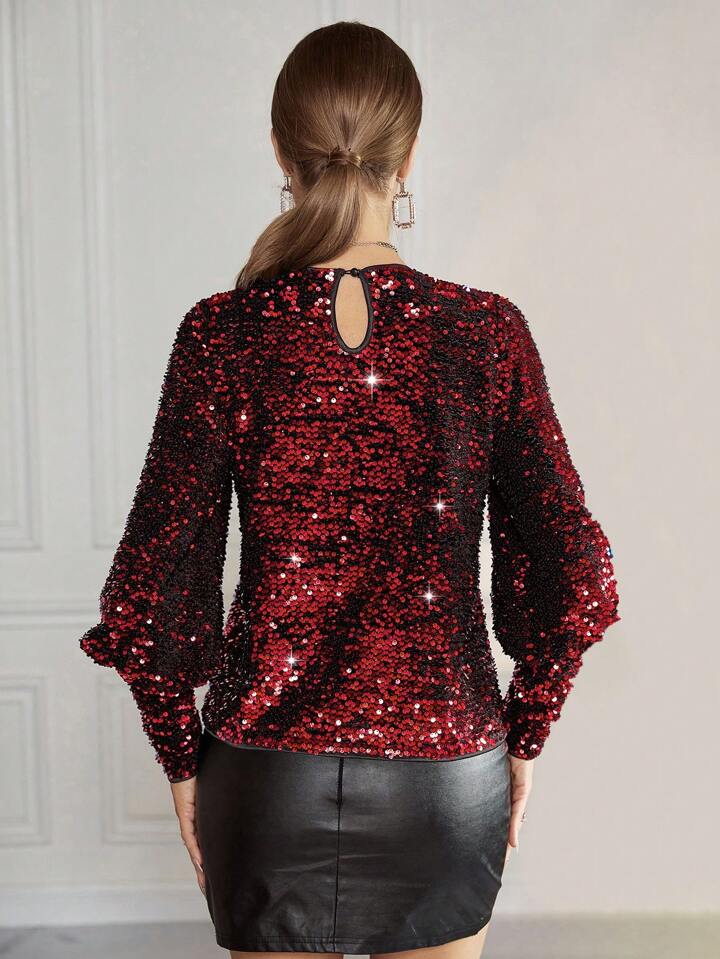 CM-TS655475 Women Elegant Seoul Style Round Neck Lantern Sleeve Sequin Blouse - Burgundy