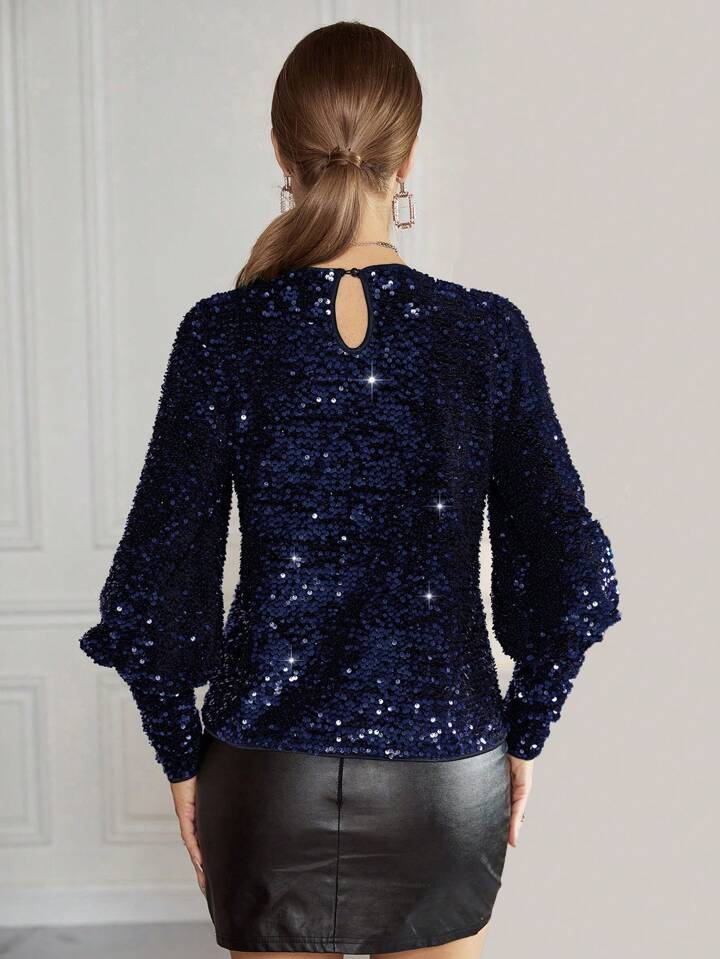 CM-TS633746 Women Elegant Seoul Style Round Neck Lantern Sleeve Sequin Blouse - Navy Blue