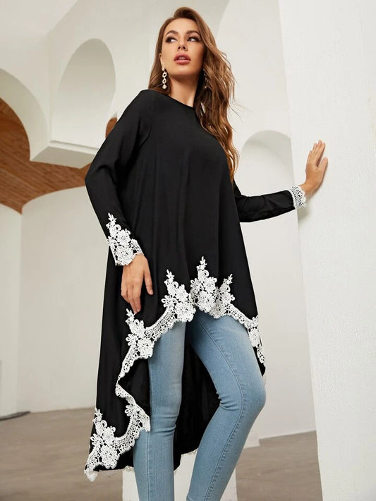 CM-TS122266 Women Elegant Seoul Style Embroidery Detail High Low Top - Black