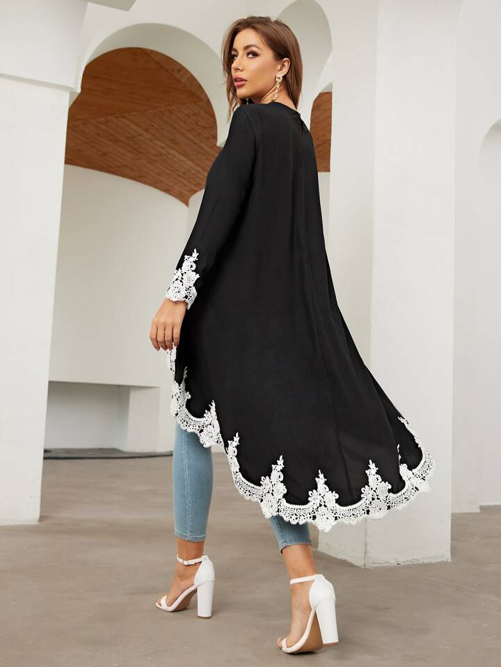 CM-TS122266 Women Elegant Seoul Style Embroidery Detail High Low Top - Black