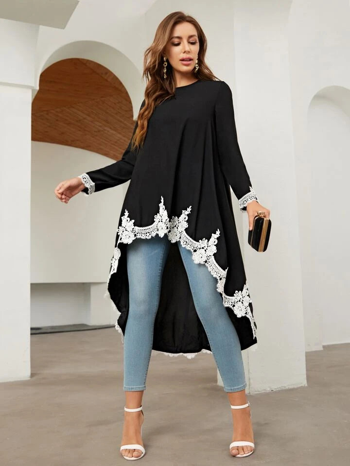 CM-TS122266 Women Elegant Seoul Style Embroidery Detail High Low Top - Black