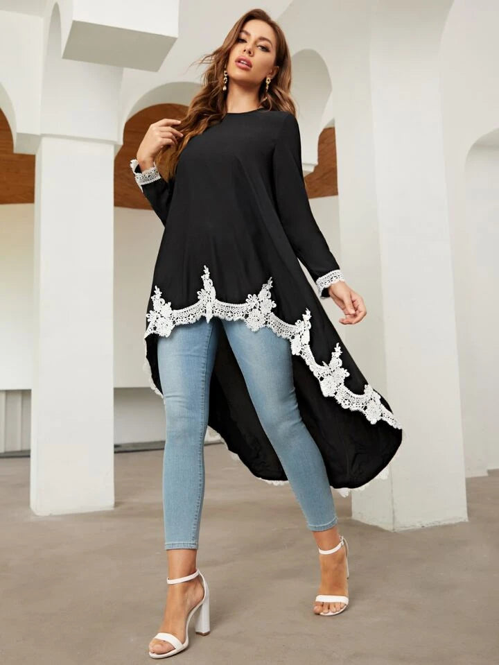 CM-TS122266 Women Elegant Seoul Style Embroidery Detail High Low Top - Black