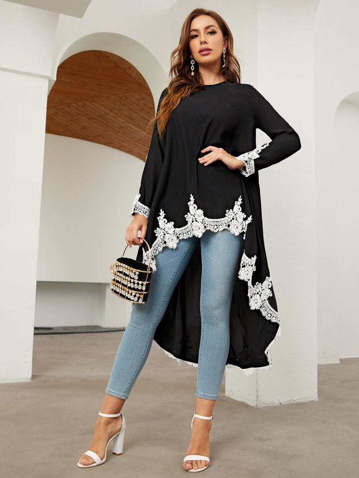 CM-TS122266 Women Elegant Seoul Style Embroidery Detail High Low Top - Black