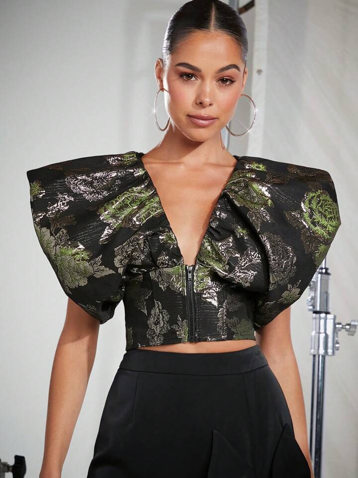 CM-TS205053 Women Elegant Seoul Style Jacquard Exaggerated Sleeve Cropped Shirt