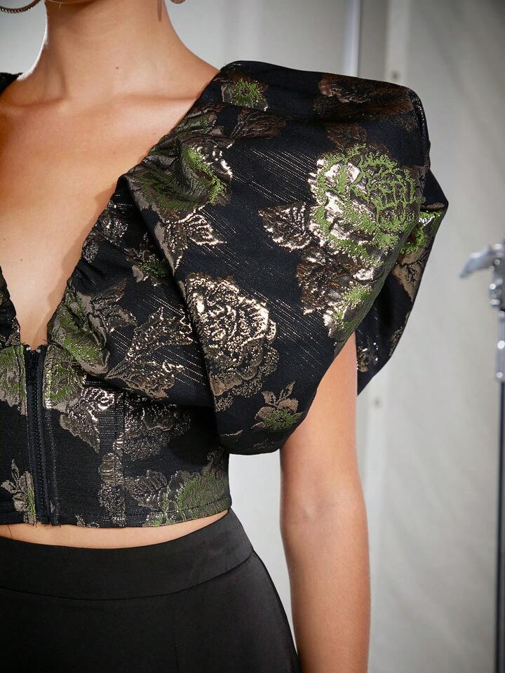 CM-TS205053 Women Elegant Seoul Style Jacquard Exaggerated Sleeve Cropped Shirt