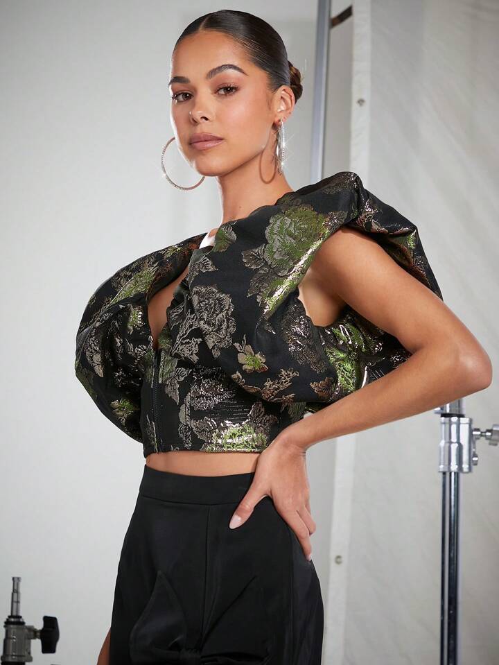 CM-TS205053 Women Elegant Seoul Style Jacquard Exaggerated Sleeve Cropped Shirt