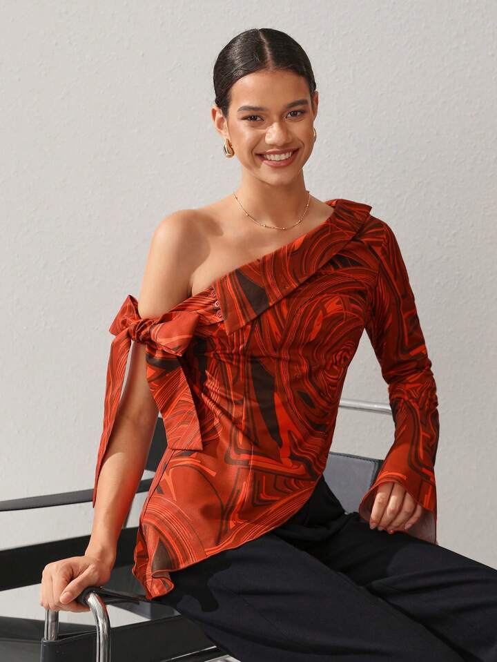 CM-TS487779 Women Elegant Seoul Style Printed One Shoulder Irregular Hem Blouse