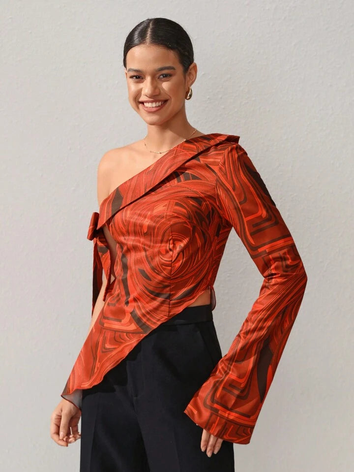 CM-TS487779 Women Elegant Seoul Style Printed One Shoulder Irregular Hem Blouse