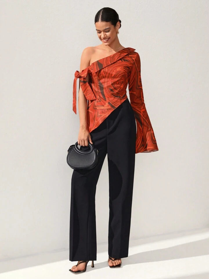 CM-TS487779 Women Elegant Seoul Style Printed One Shoulder Irregular Hem Blouse