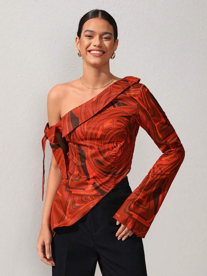 CM-TS487779 Women Elegant Seoul Style Printed One Shoulder Irregular Hem Blouse