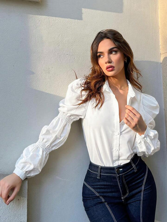 CM-TS188112 Women Casual Seoul Style Solid Button Front Ruched Shirt - White