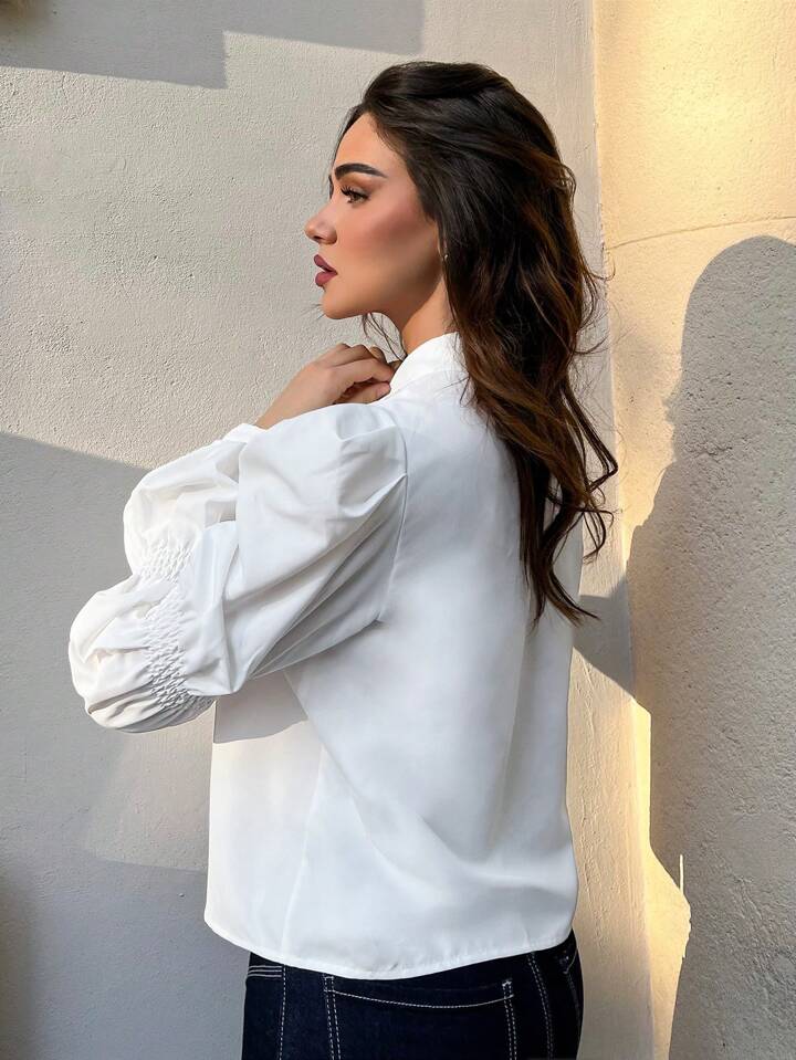 CM-TS188112 Women Casual Seoul Style Solid Button Front Ruched Shirt - White
