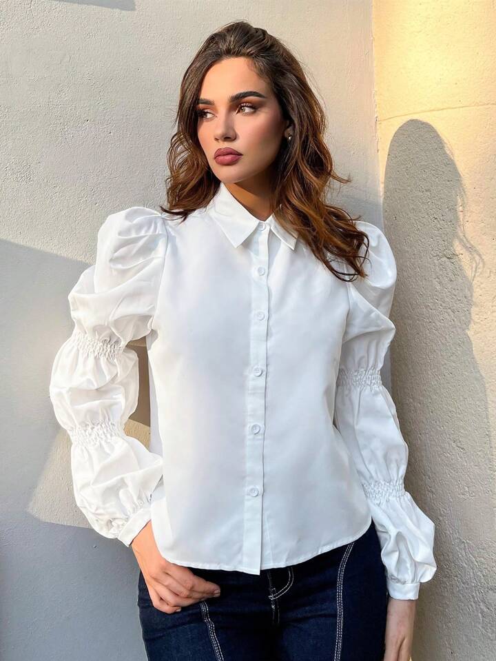 CM-TS188112 Women Casual Seoul Style Solid Button Front Ruched Shirt - White