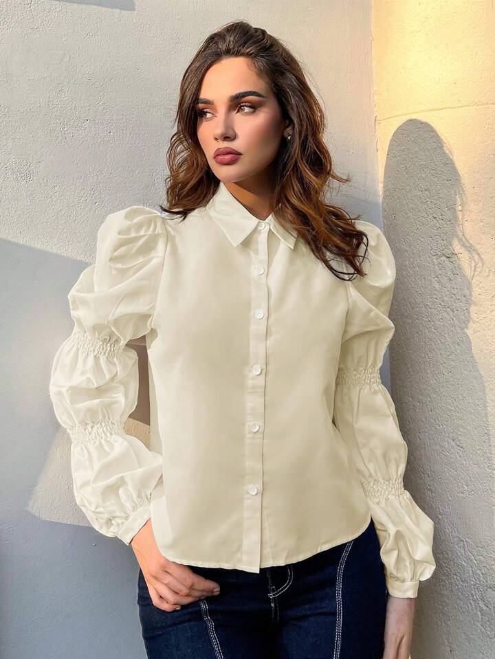 CM-TS128144 Women Casual Seoul Style Solid Button Front Ruched Shirt - Apricot