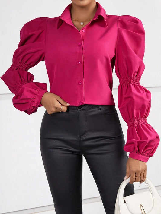 CM-TS182442 Women Casual Seoul Style Solid Button Front Ruched Shirt - Hot Pink