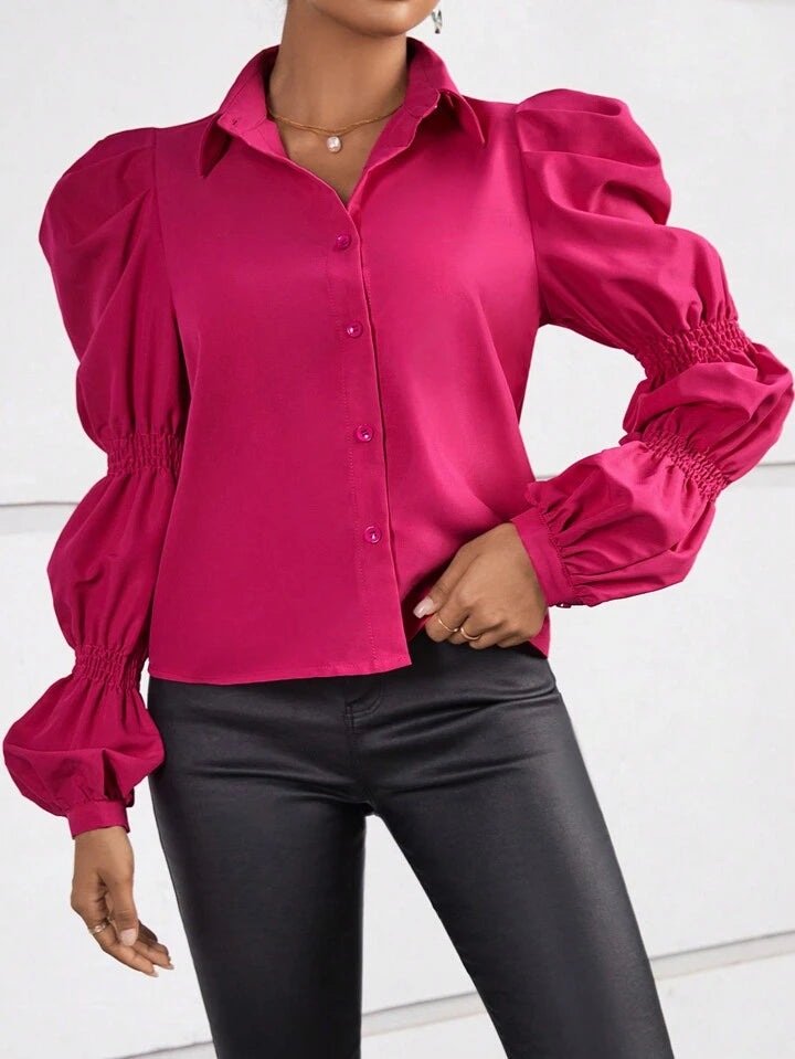 CM-TS182442 Women Casual Seoul Style Solid Button Front Ruched Shirt - Hot Pink
