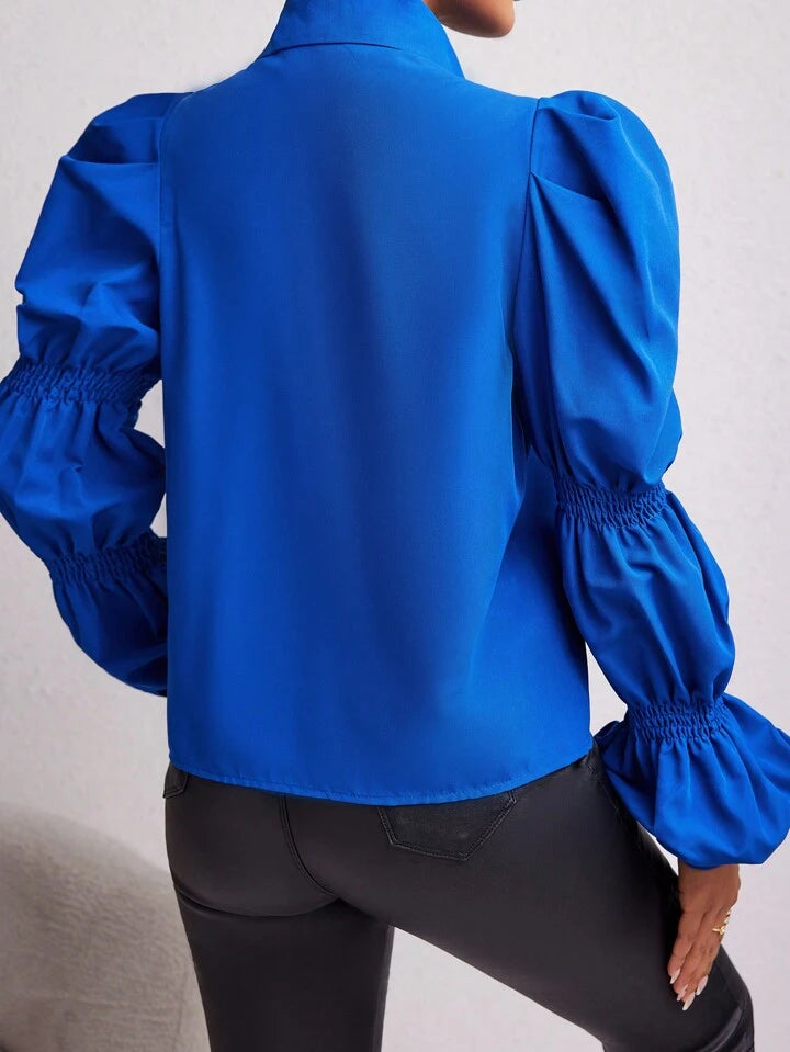 CM-TS118518 Women Casual Seoul Style Solid Button Front Ruched Shirt - Royal Blue
