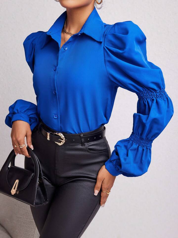 CM-TS118518 Women Casual Seoul Style Solid Button Front Ruched Shirt - Royal Blue