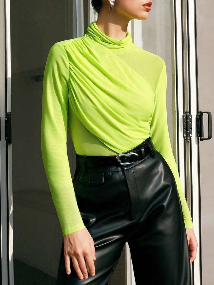 CM-TS351182 Women Casual Seoul Style Stand Collar Mesh Splicing Long Sleeve Pleated T-Shirt