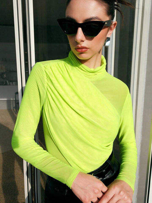 CM-TS351182 Women Casual Seoul Style Stand Collar Mesh Splicing Long Sleeve Pleated T-Shirt