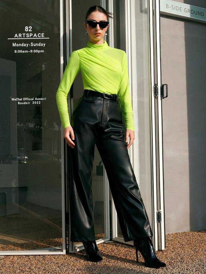 CM-TS351182 Women Casual Seoul Style Stand Collar Mesh Splicing Long Sleeve Pleated T-Shirt