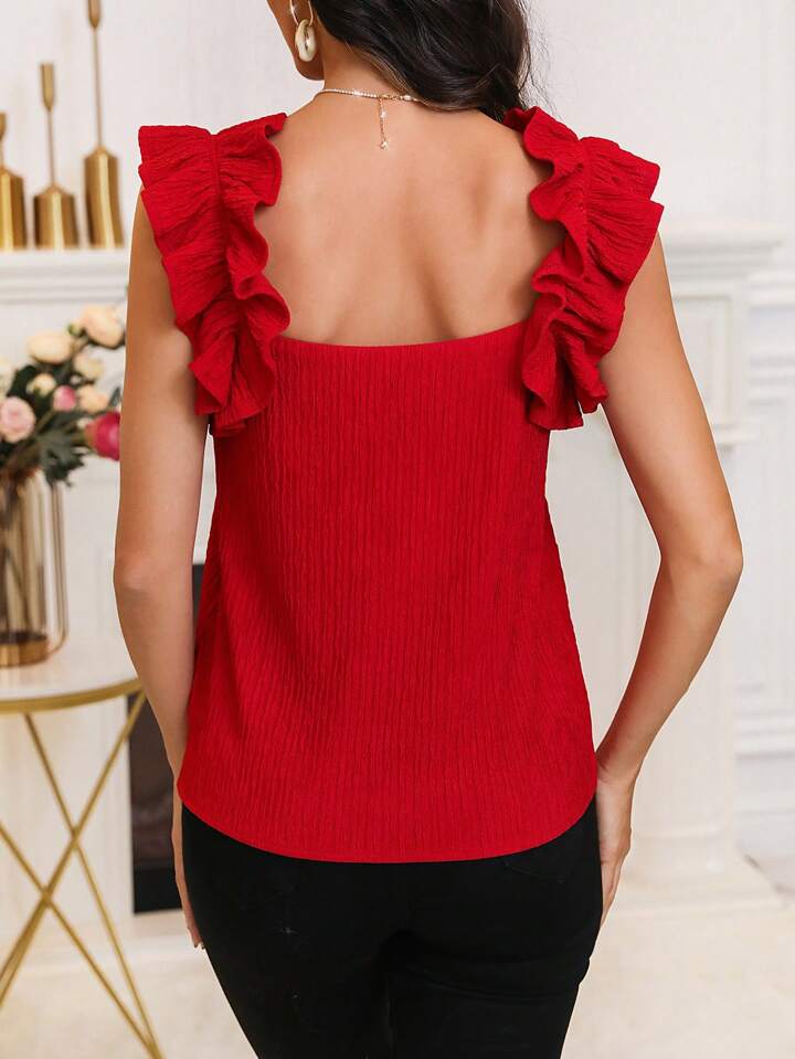 CM-TS360634 Women Casual Seoul Style Square Neck Ruffle Trim Sleeveless Top - Red