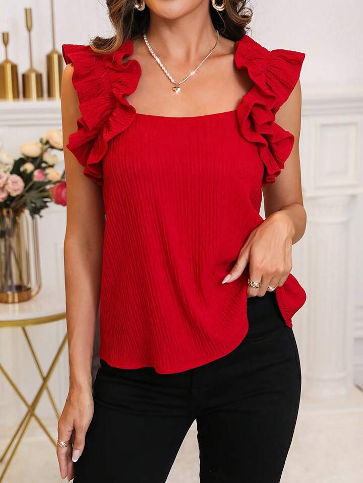 CM-TS360634 Women Casual Seoul Style Square Neck Ruffle Trim Sleeveless Top - Red