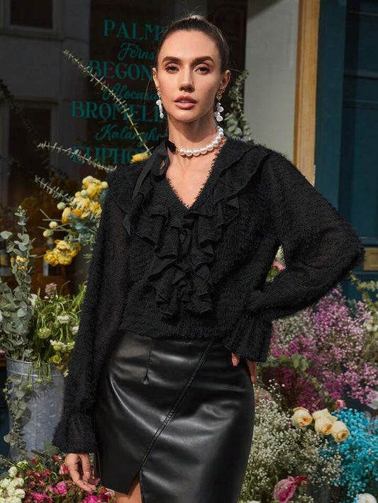 CM-TS742202 Women Elegant Seoul Style Cutout Floral Decor Ruffle Hem Long Sleeve Shirt