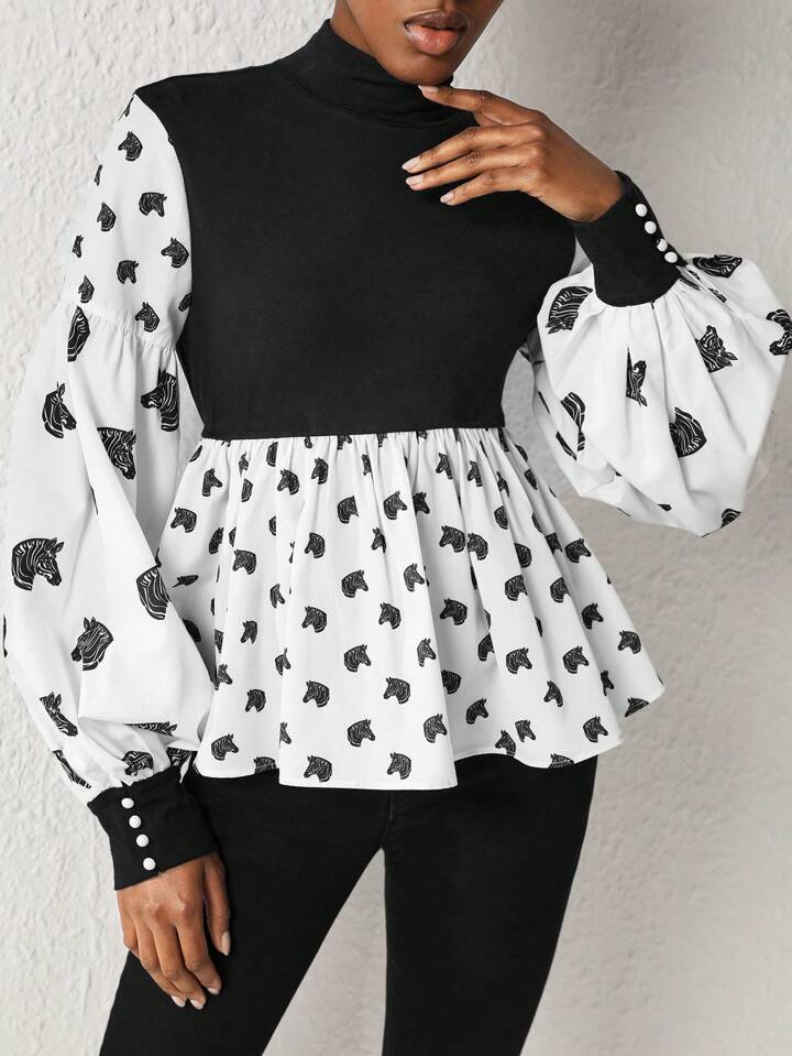 CM-TS908393 Women Elegant Seoul Style Contrast Print Lantern Sleeve Peplum Top
