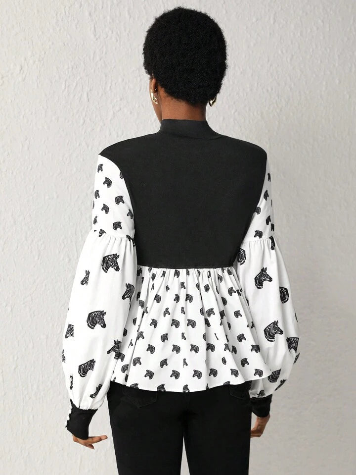 CM-TS908393 Women Elegant Seoul Style Contrast Print Lantern Sleeve Peplum Top
