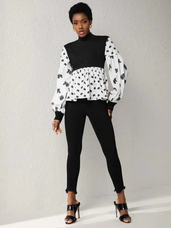 CM-TS908393 Women Elegant Seoul Style Contrast Print Lantern Sleeve Peplum Top