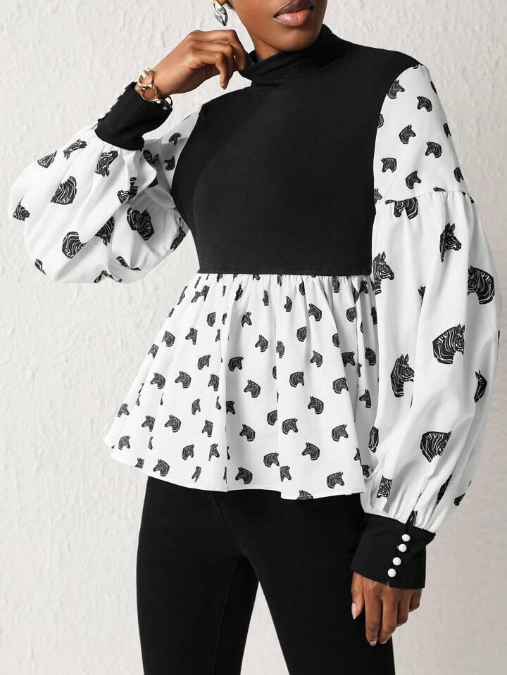 CM-TS908393 Women Elegant Seoul Style Contrast Print Lantern Sleeve Peplum Top