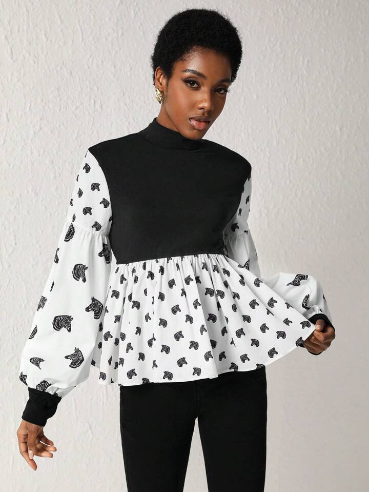 CM-TS908393 Women Elegant Seoul Style Contrast Print Lantern Sleeve Peplum Top