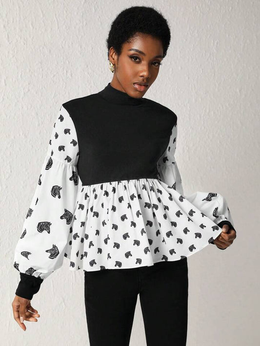 CM-TS908393 Women Elegant Seoul Style Contrast Print Lantern Sleeve Peplum Top