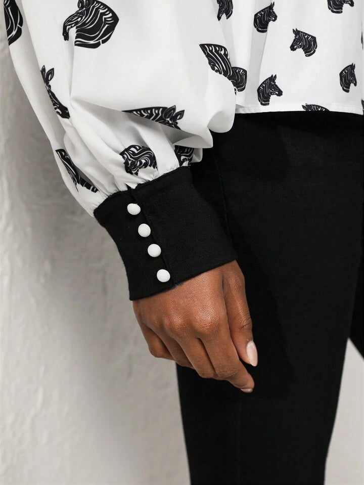 CM-TS908393 Women Elegant Seoul Style Contrast Print Lantern Sleeve Peplum Top