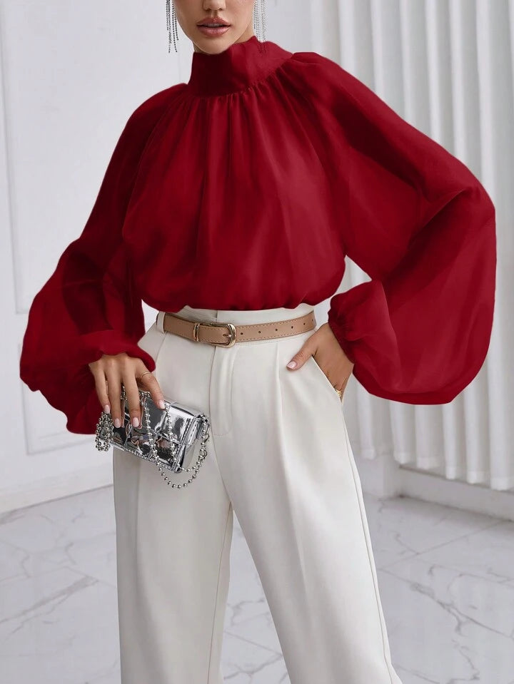 CM-TS916615 Women Elegant Seoul Style High Neck Lantern Sleeve Shirt - Red