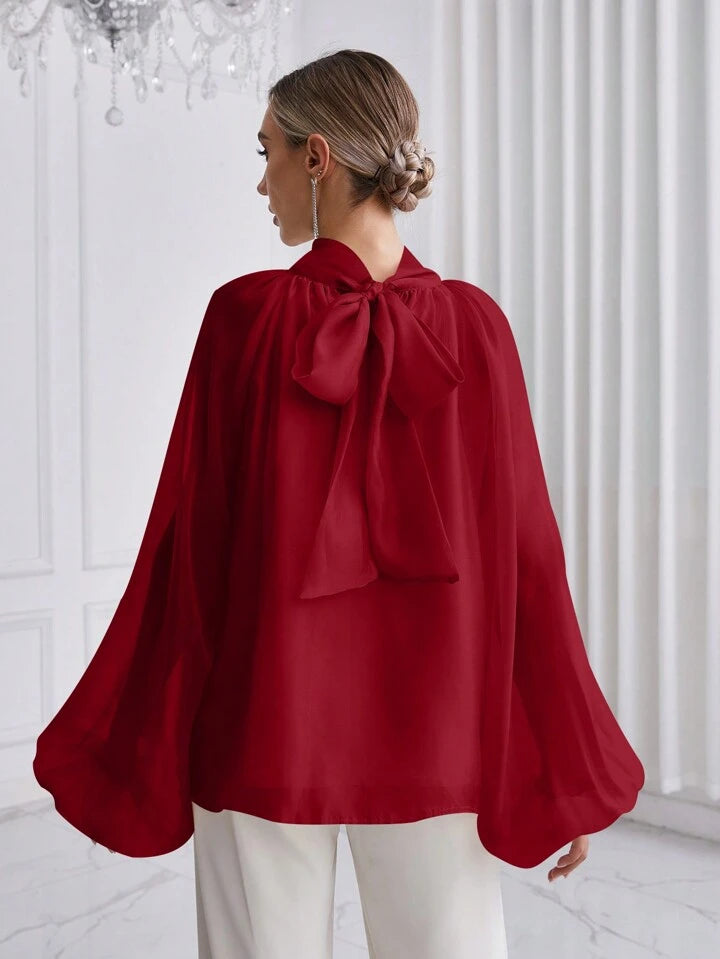 CM-TS916615 Women Elegant Seoul Style High Neck Lantern Sleeve Shirt - Red