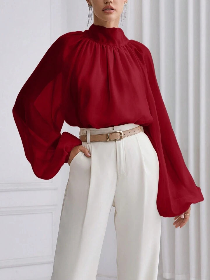 CM-TS916615 Women Elegant Seoul Style High Neck Lantern Sleeve Shirt - Red