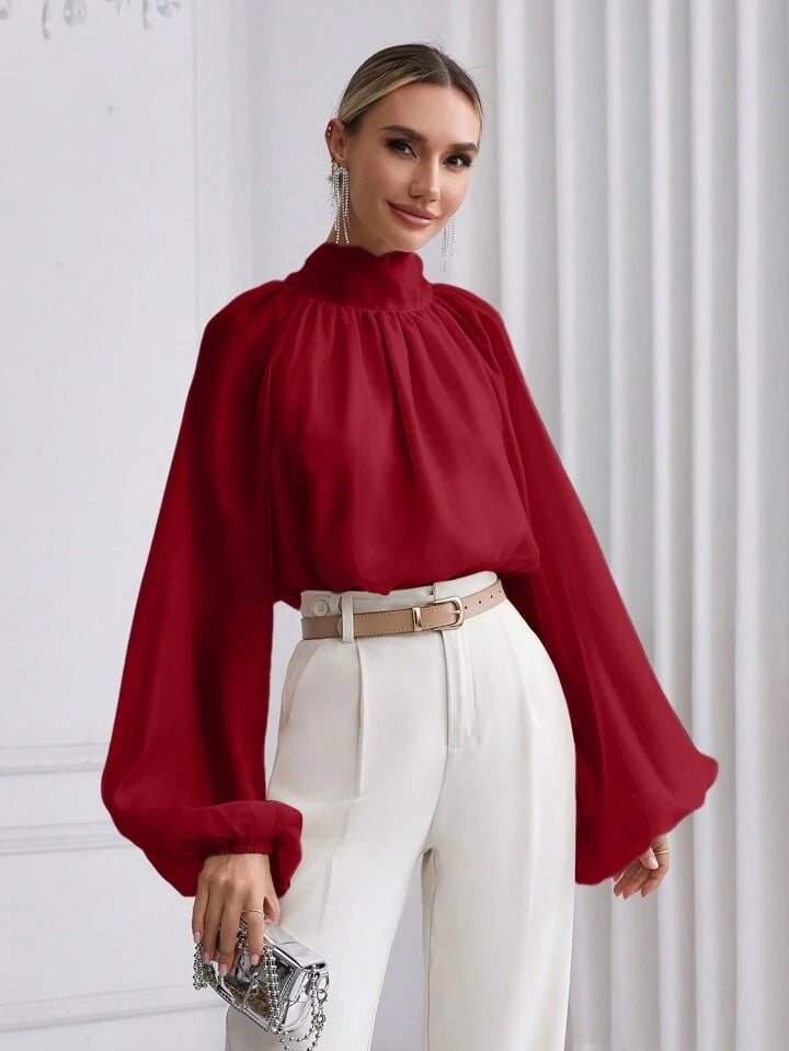 CM-TS916615 Women Elegant Seoul Style High Neck Lantern Sleeve Shirt - Red