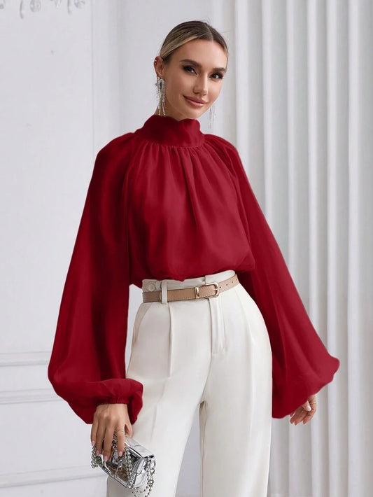 CM-TS916615 Women Elegant Seoul Style High Neck Lantern Sleeve Shirt - Red