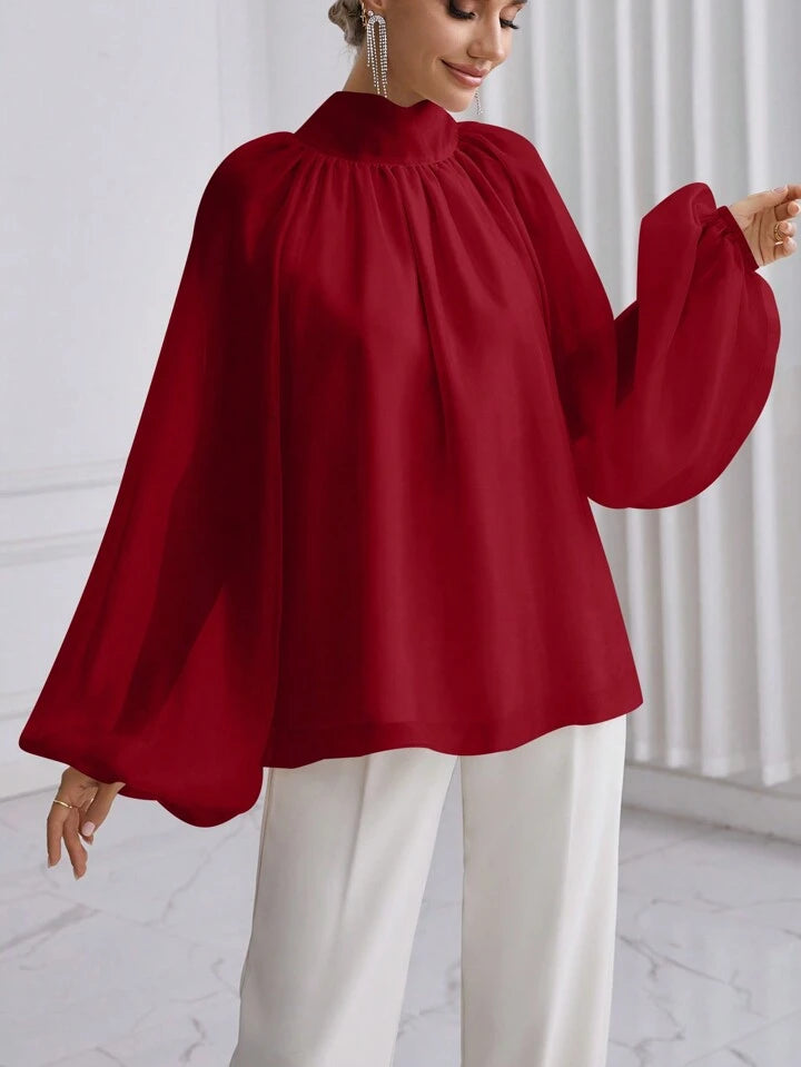 CM-TS916615 Women Elegant Seoul Style High Neck Lantern Sleeve Shirt - Red