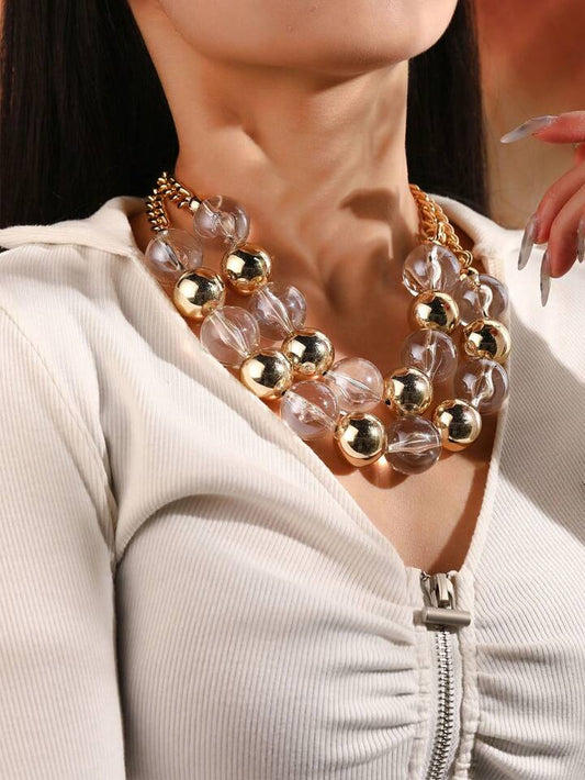 CM-AXS756351 Women Trendy Seoul Style Double Layered Chain Necklace With Round Bead