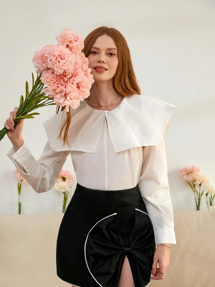 CM-TS962009 Women Elegant Seoul Style Peter Pan Collar Pleated Long Sleeve Shirt - White