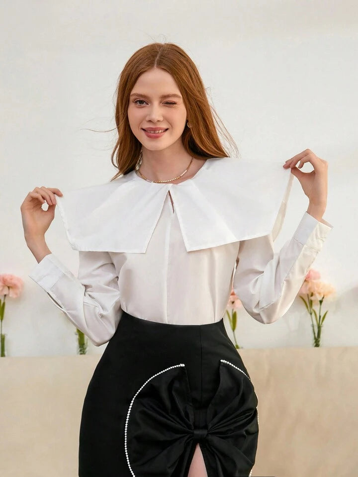 CM-TS962009 Women Elegant Seoul Style Peter Pan Collar Pleated Long Sleeve Shirt - White