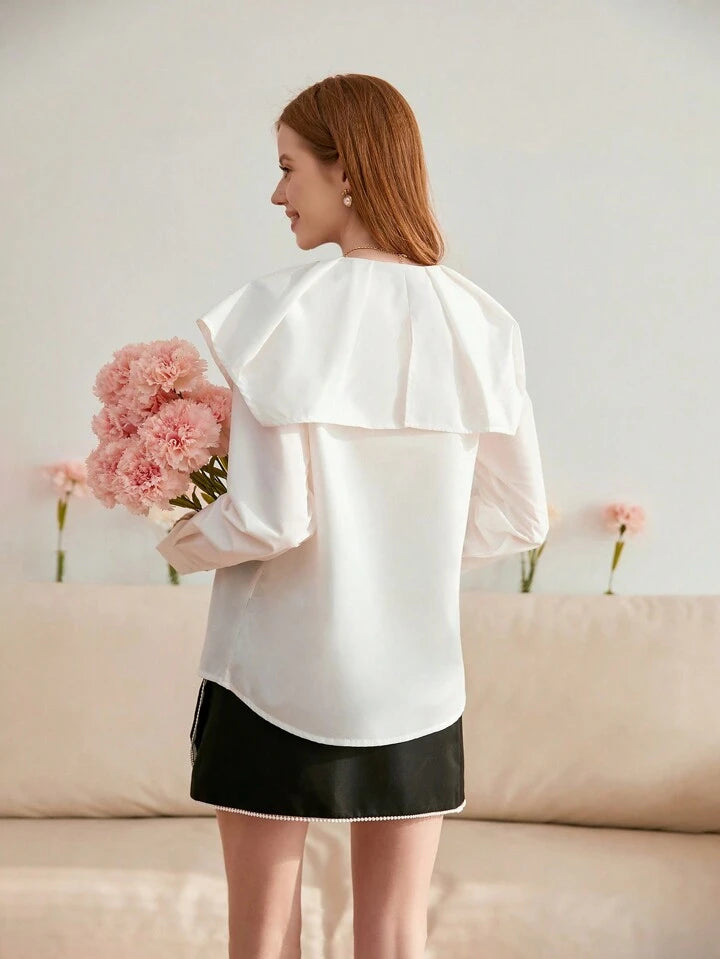 CM-TS962009 Women Elegant Seoul Style Peter Pan Collar Pleated Long Sleeve Shirt - White