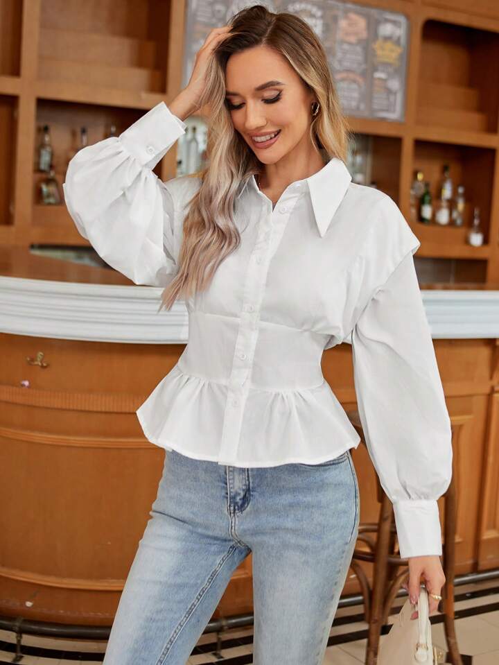 CM-TS324442 Women Elegant Seoul Style Long Sleeve Shirt With Ruffle Hem - White