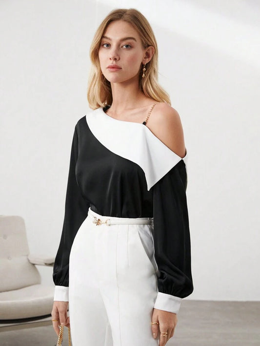 CM-TS968341 Women Elegant Seoul Style Colorblock Irregular Shoulder Shirt