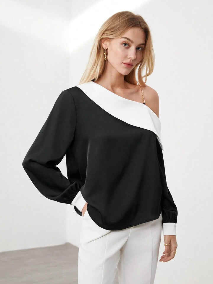 CM-TS968341 Women Elegant Seoul Style Colorblock Irregular Shoulder Shirt