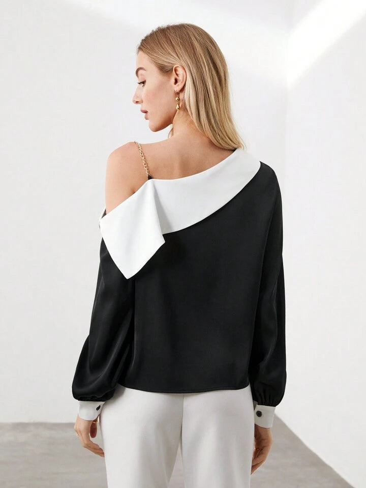 CM-TS968341 Women Elegant Seoul Style Colorblock Irregular Shoulder Shirt