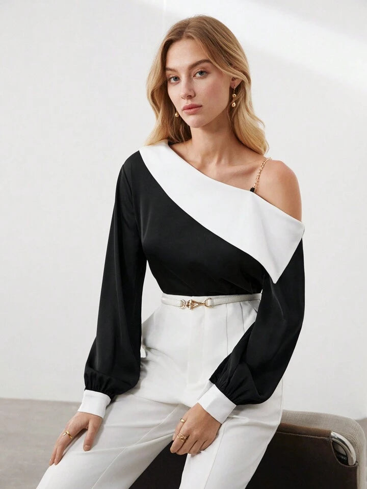 CM-TS968341 Women Elegant Seoul Style Colorblock Irregular Shoulder Shirt